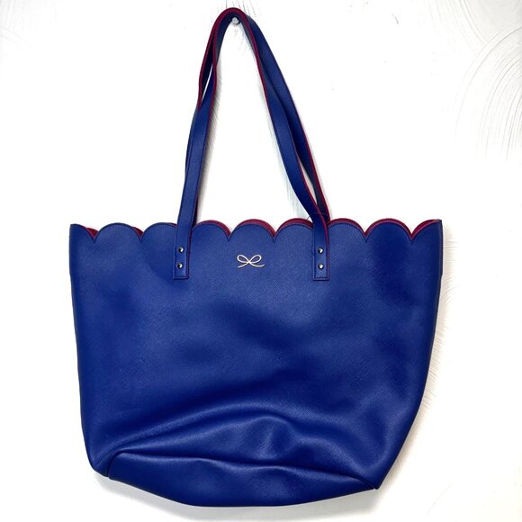 Blue Scalloped Tote Bag Faux Leather Pink Trim Bow Accent Large 18"x13" Shopper - Picture 1 of 6